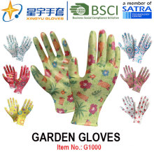 Guantes de jardín, impresión Polyestershell transparente Nitrilo revestido acabado suave, guantes de trabajo (G1000) con CE, En388, En420
